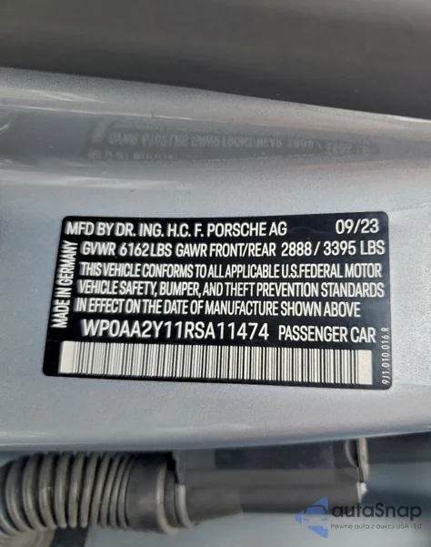 2024 Porsche Taycan из США, поврежденный, VIN WP0AA2Y11RSA11474